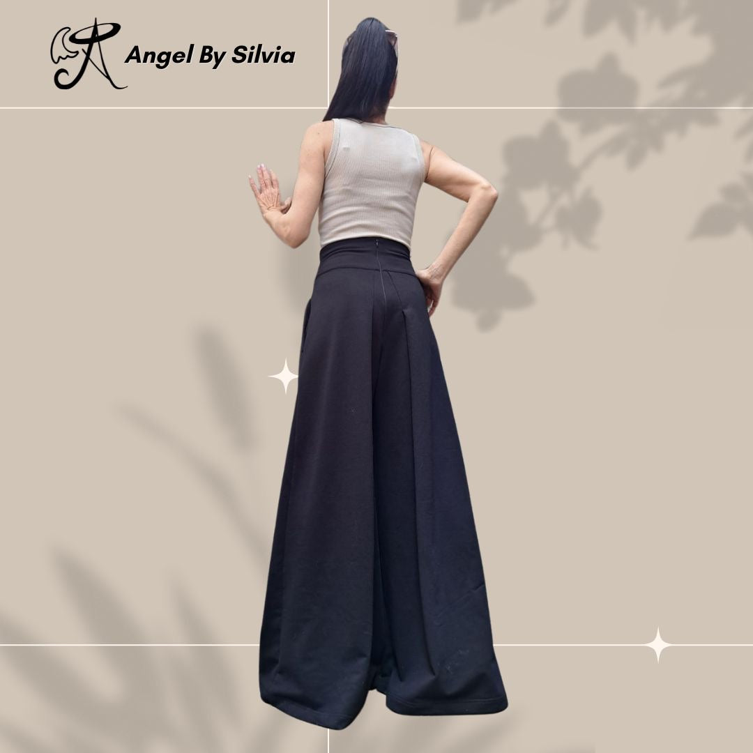 Black High Waist Wide Leg Cotton Pants for Women • Elegant Stretch Cotton Trousers • Relaxed Fit Summer Pants • Handmade Sizes XS-5XL - Handmade clothing from Angel By Silvia - Top Designer Brands 