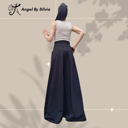Black High Waist Wide Leg Cotton Pants for Women • Elegant Stretch Cotton Trousers • Relaxed Fit Summer Pants • Handmade Sizes XS-5XL - Handmade clothing from Angel By Silvia - Top Designer Brands 