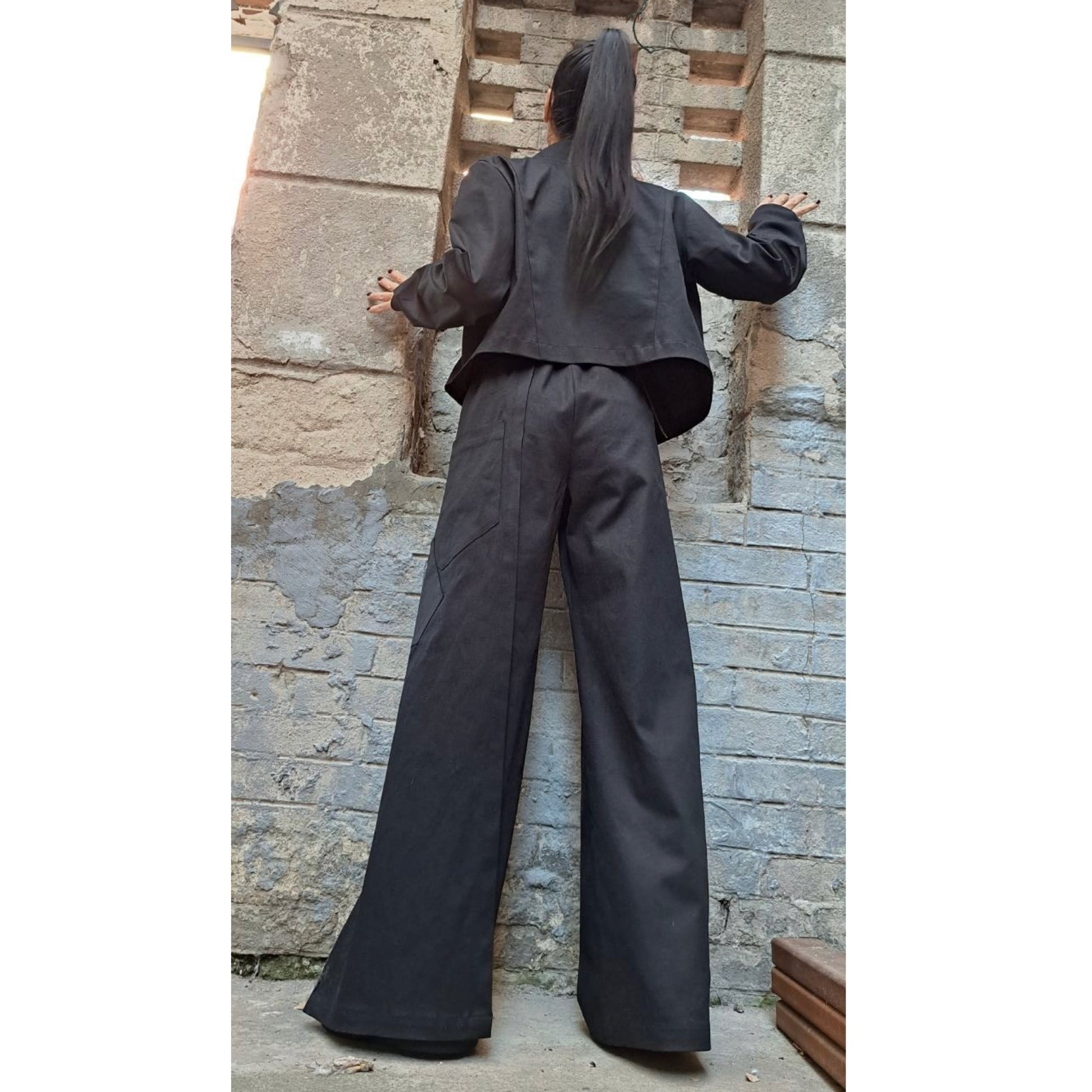 Asymmetric Black Denim Pants Blazer Set - Handmade clothing from Angel By Silvia - Top Designer Brands 