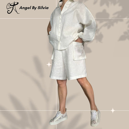 White Linen Pants & Long Sleeve Button Up Shirt Set • Above-Knee Shorts • Elbow Slit Top • Relaxed Fit Summer Outfit • XS to 5XL - Handmade clothing from Angel By Silvia - Top Designer Brands 
