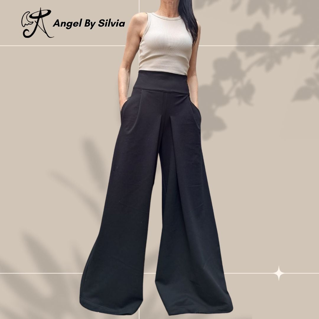 Black High Waist Wide Leg Cotton Pants for Women • Elegant Stretch Cotton Trousers • Relaxed Fit Summer Pants • Handmade Sizes XS-5XL - Handmade clothing from Angel By Silvia - Top Designer Brands 