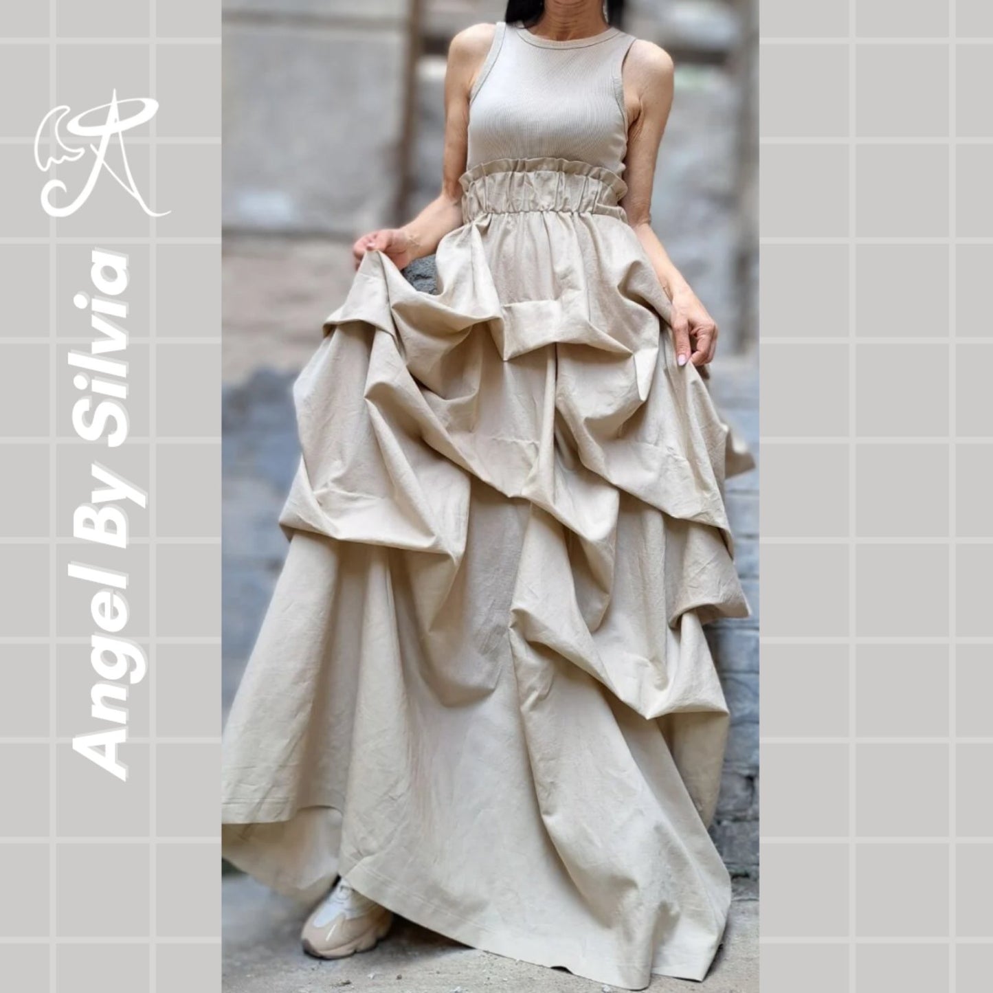 Linen Handmade Beige Maxi Skirt • Floor-Length Layered Boho Skirt • High Waist Flowy Elegant Skirt • Soft Textured Linen Skirt - Handmade clothing from Angel By Silvia - Top Designer Brands 