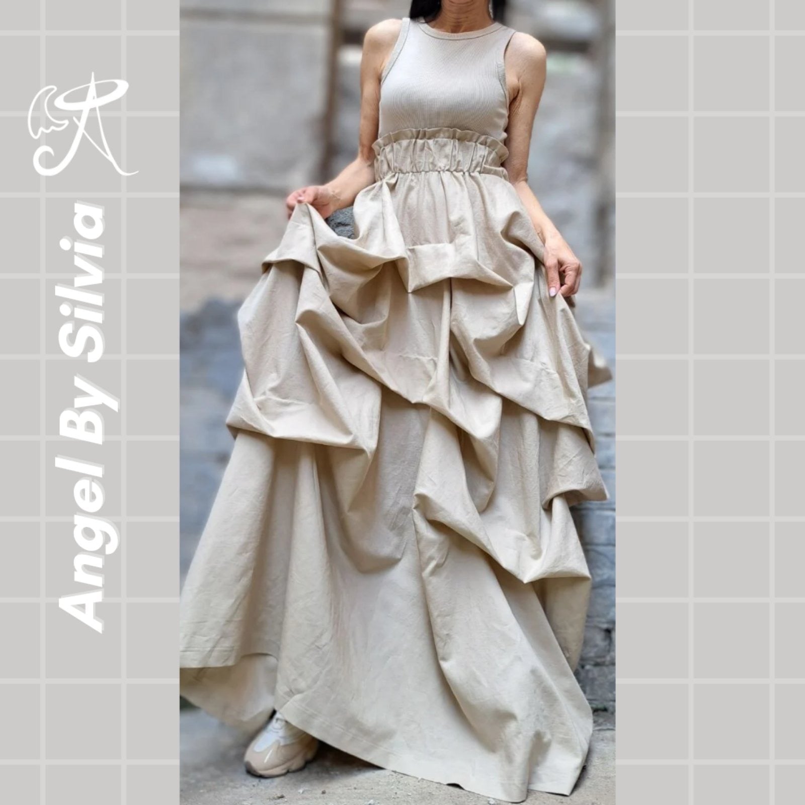 Linen Handmade Beige Maxi Skirt • Floor-Length Layered Boho Skirt • High Waist Flowy Elegant Skirt • Soft Textured Linen Skirt - Handmade clothing from Angel By Silvia - Top Designer Brands 