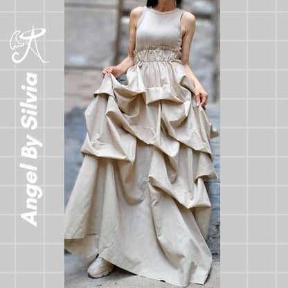 Linen Handmade Beige Maxi Skirt • Floor-Length Layered Boho Skirt • High Waist Flowy Elegant Skirt • Soft Textured Linen Skirt - Handmade clothing from Angel By Silvia - Top Designer Brands 