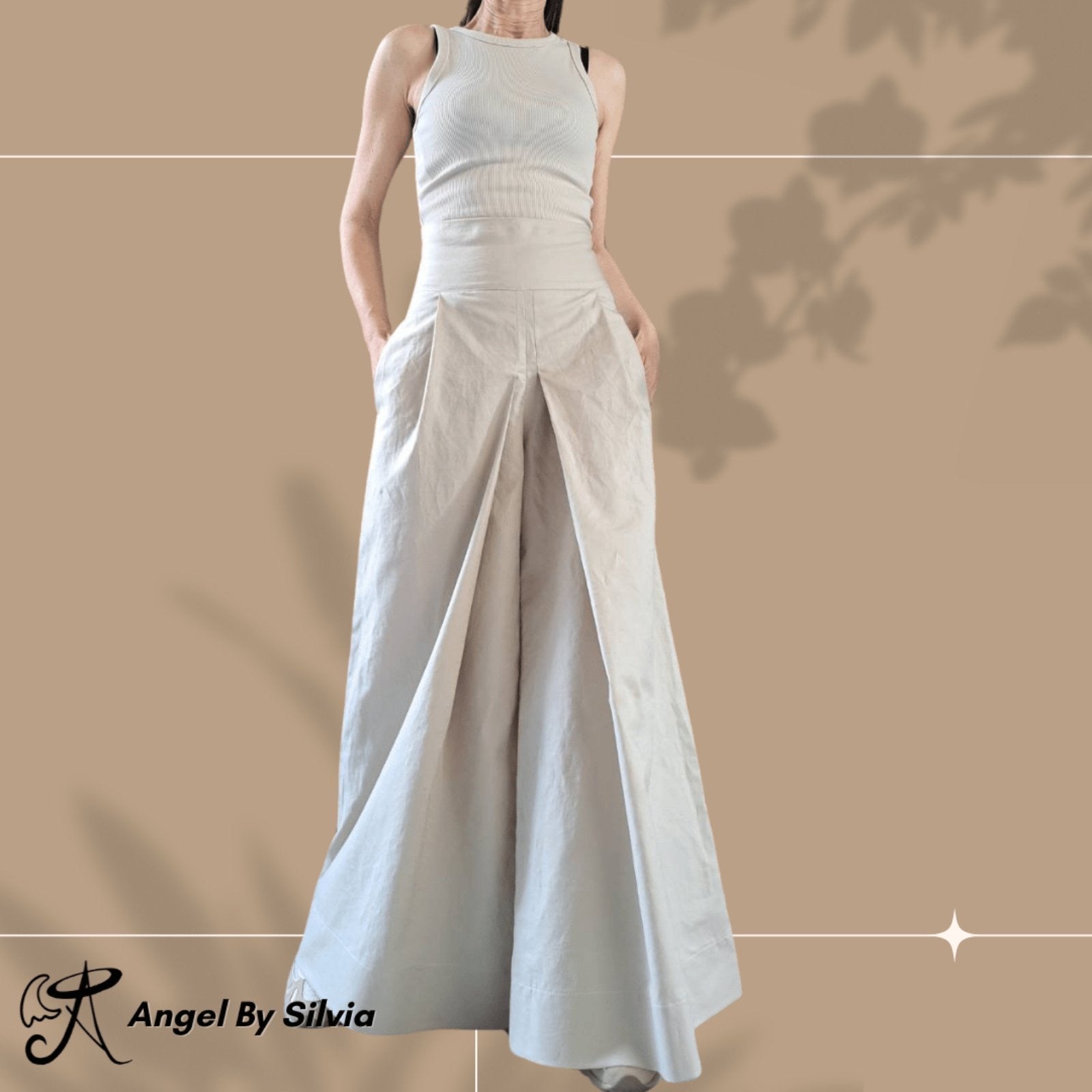 Linen Two-Piece Set • Beige High Waist Wide Leg Pants + Asymmetric Tank Top • Open Back Longline Top • Boho Summer Outfit • Sizes XS-5XL - Handmade clothing from Angel By Silvia - Top Designer Brands 