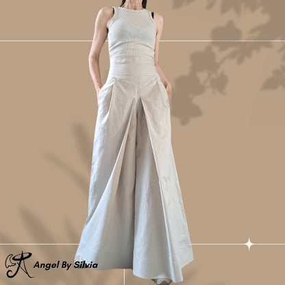 Linen Two-Piece Set • Beige High Waist Wide Leg Pants + Asymmetric Tank Top • Open Back Longline Top • Boho Summer Outfit • Sizes XS-5XL - Handmade clothing from Angel By Silvia - Top Designer Brands 