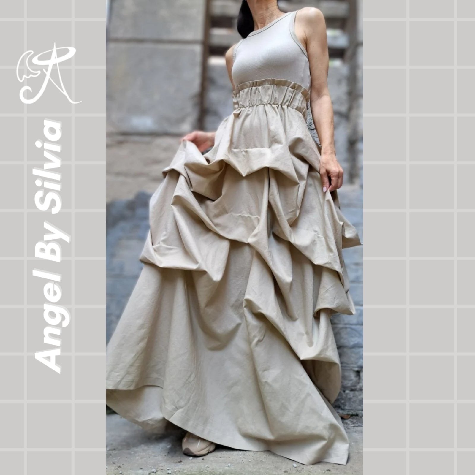 Linen Handmade Beige Maxi Skirt • Floor-Length Layered Boho Skirt • High Waist Flowy Elegant Skirt • Soft Textured Linen Skirt - Handmade clothing from Angel By Silvia - Top Designer Brands 