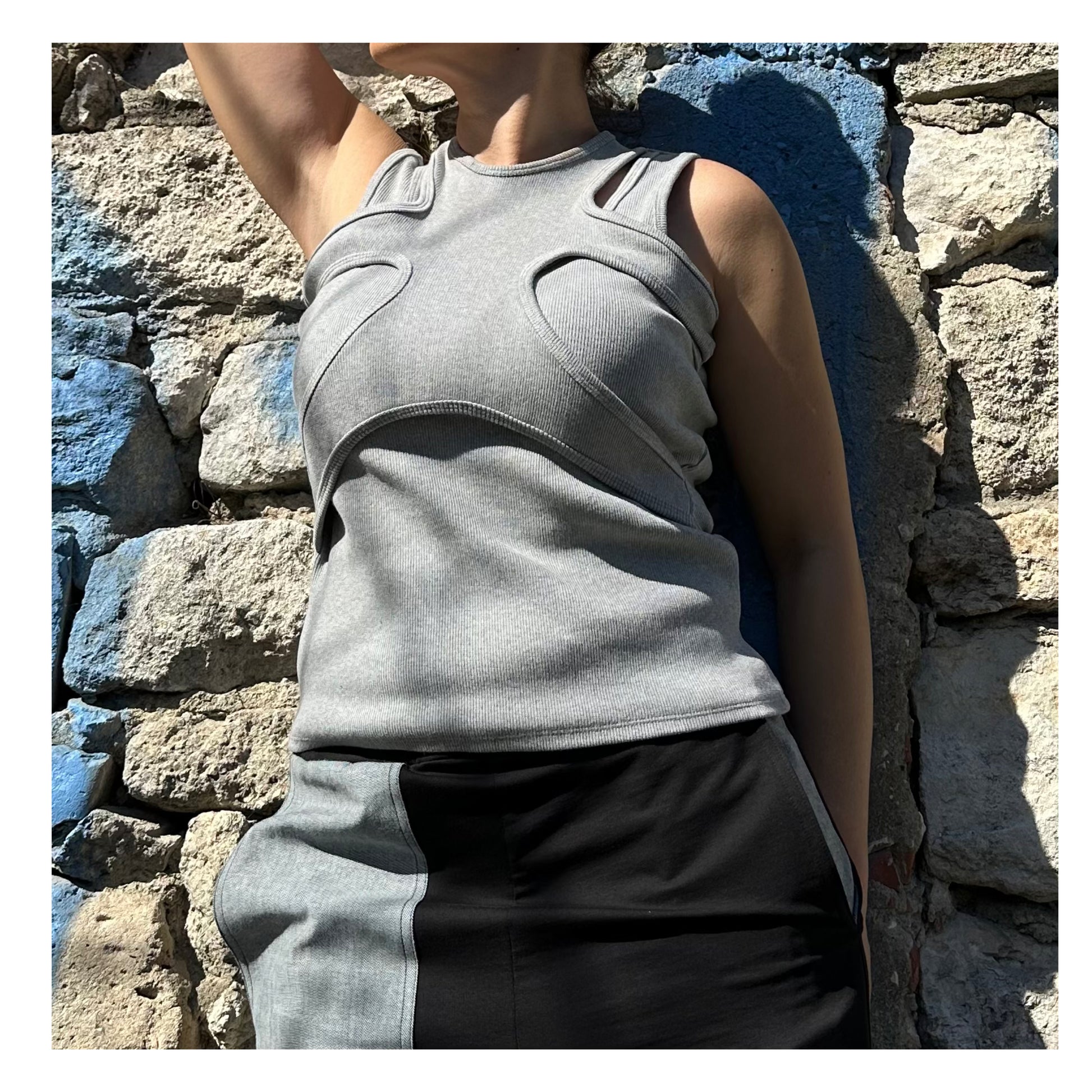 Grey Asymmetric Straps Top , High Front Neckline Top - Handmade clothing from Angel By Silvia - Top Designer Brands 