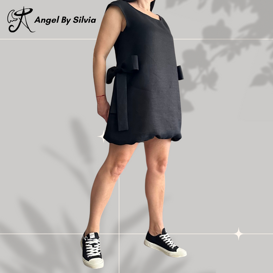 Black Linen Tunic Dress with Bows – Sleeveless Oversized Summer Dress – Handmade Minimalist Linen Clothing by AngelBySilvia - Handmade clothing from Angel By Silvia - Top Designer Brands 