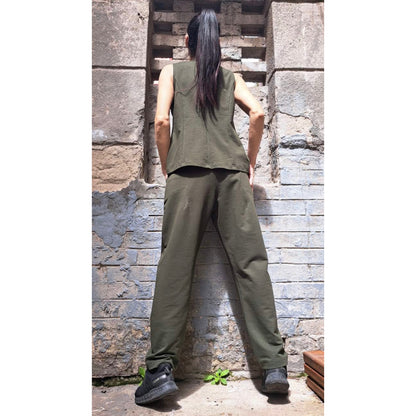 New Collection Extravagant Set / Asymmetric Military Green Outfit / Sleeveless Vest / Avantgarde Pants Vest Set / Streetwear Cotton Outfits - Handmade clothing from Angel By Silvia - Top Designer Brands 