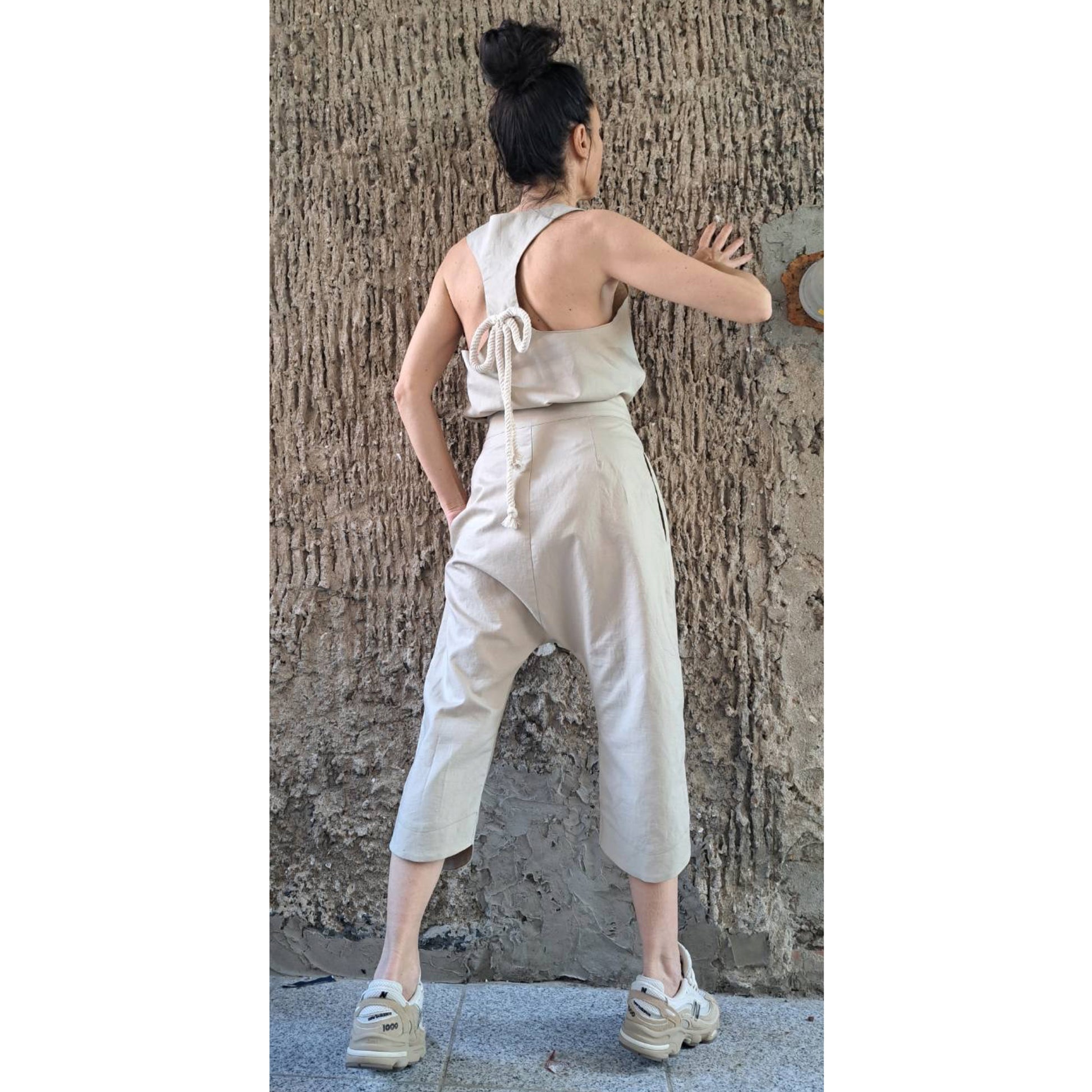 Summer Linen Women’s Set / Extravagant High Waist Linen Pants / Sleeveless Top / Daywear Beige Pants Top Outfits / Avantgarde Two Pieces Set - Handmade clothing from Angel By Silvia - Top Designer Brands 