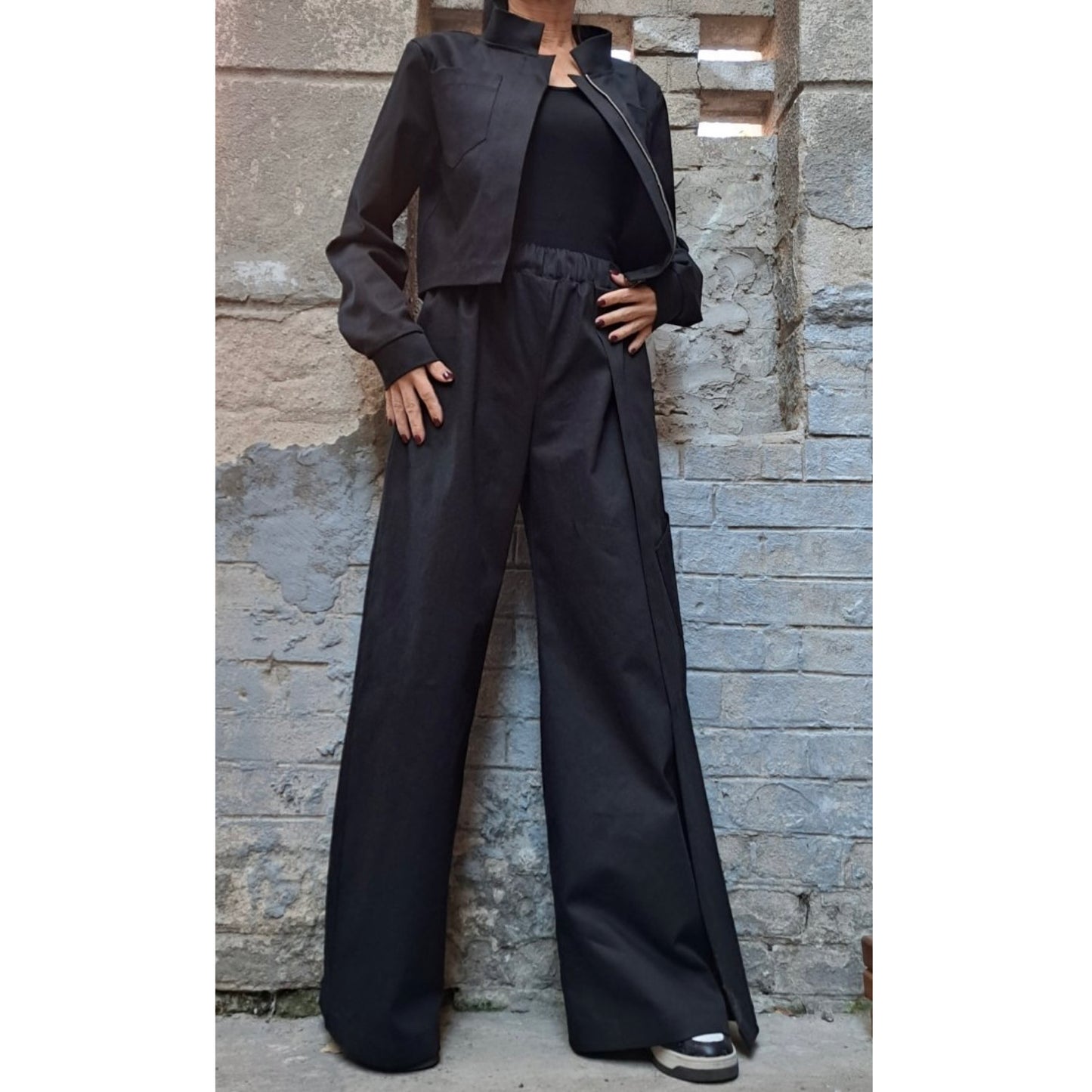 Asymmetric Black Denim Pants Blazer Set - Handmade clothing from Angel By Silvia - Top Designer Brands 