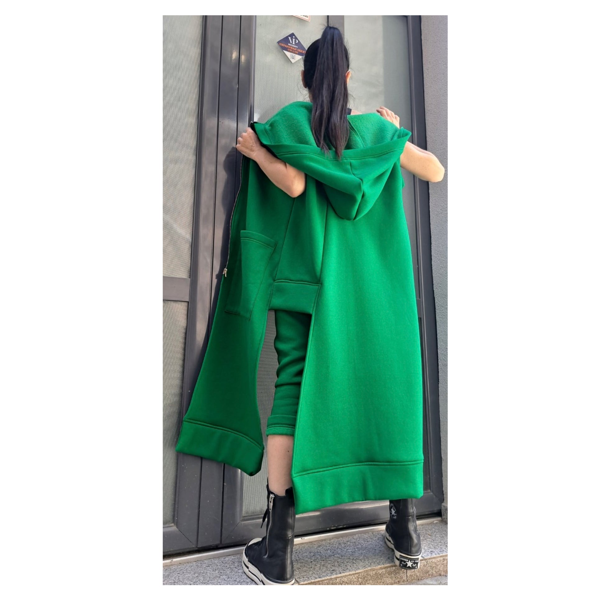 Extravagant Green Outfit / Asymmetric Two Piece Set / Hooded Warm Vest Pants / Outwear Green Set / Streetwear Woman Green Suit Set - Handmade clothing from Angel By Silvia - Top Designer Brands 