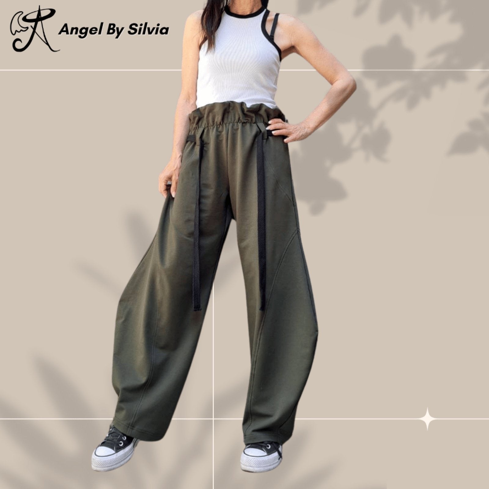 Military Green Balloon Pants for Women – High Waisted Loose Fit Cotton Trousers • Elastic Drawstring Joggers • Boho Streetwear Pants • Handmade XS to 5XL - Handmade clothing from Angel By Silvia - Top Designer Brands 