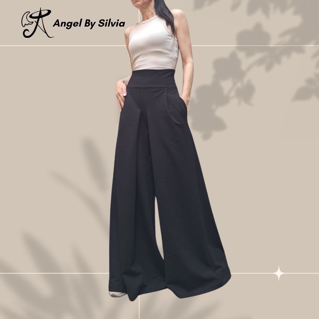 Black High Waist Wide Leg Cotton Pants for Women • Elegant Stretch Cotton Trousers • Relaxed Fit Summer Pants • Handmade Sizes XS-5XL - Handmade clothing from Angel By Silvia - Top Designer Brands 