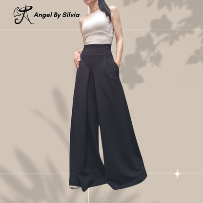 Black High Waist Wide Leg Cotton Pants for Women • Elegant Stretch Cotton Trousers • Relaxed Fit Summer Pants • Handmade Sizes XS-5XL - Handmade clothing from Angel By Silvia - Top Designer Brands 