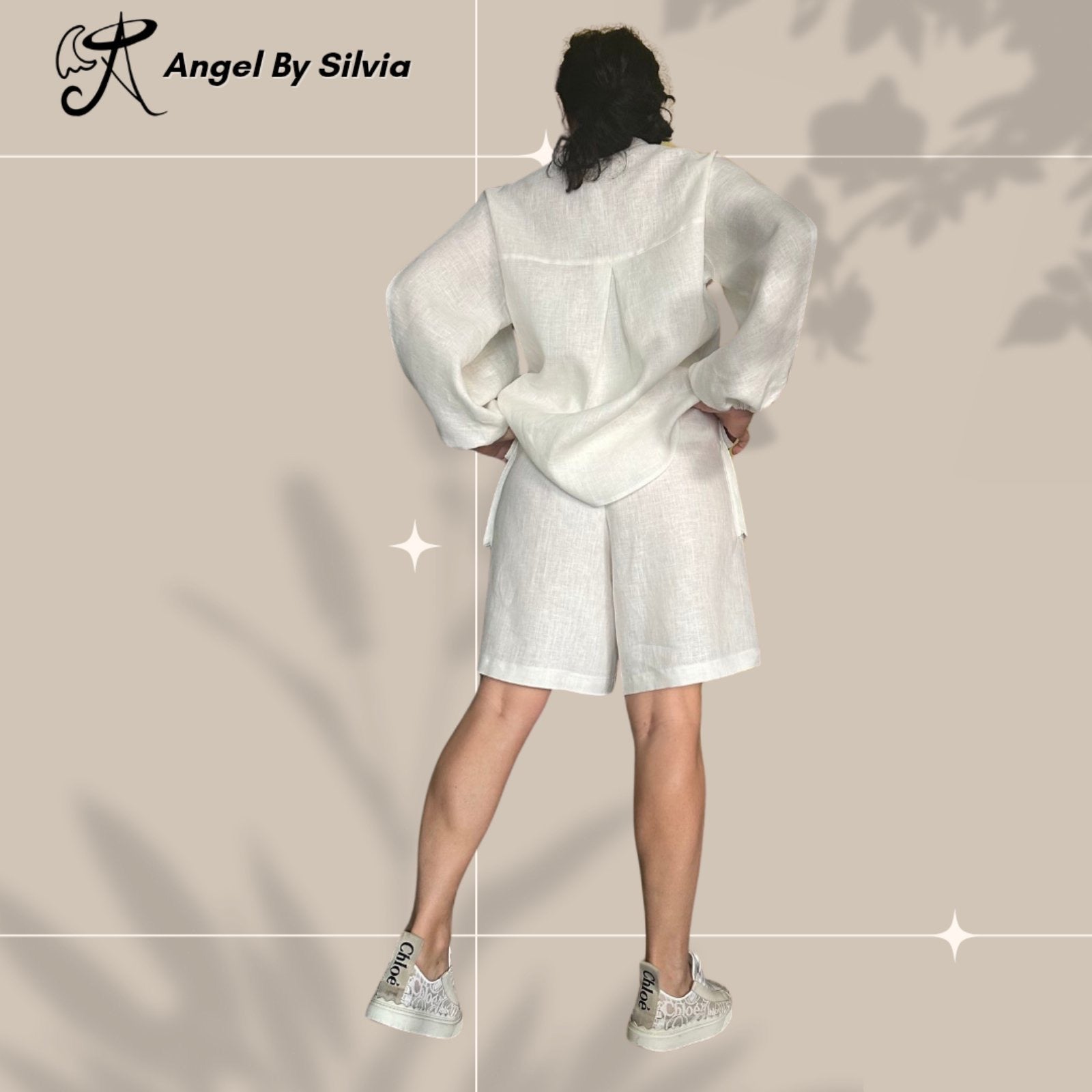 White Linen Pants & Long Sleeve Button Up Shirt Set • Above-Knee Shorts • Elbow Slit Top • Relaxed Fit Summer Outfit • XS to 5XL - Handmade clothing from Angel By Silvia - Top Designer Brands 
