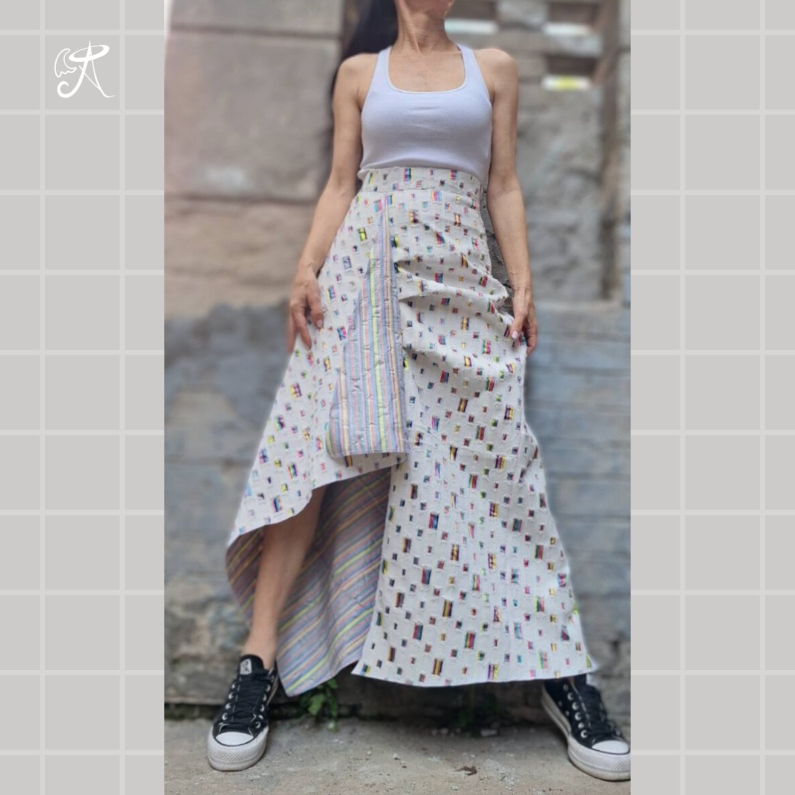 Designer Denim Maxi Skirt • Handmade Asymmetric Art Piece • White Base with Colorful Accents • Flowy Ankle-Length • Tailored Fit Available - Handmade clothing from Angel By Silvia - Top Designer Brands 