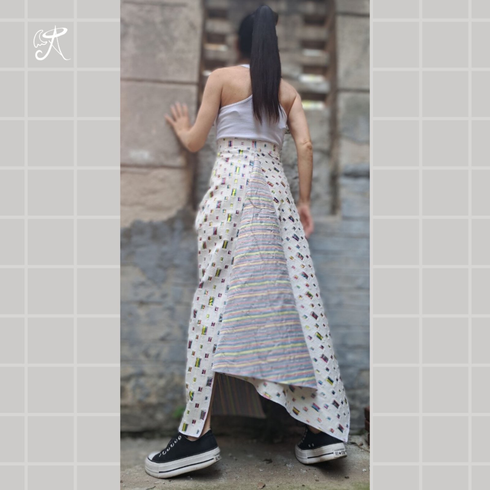 Designer Denim Maxi Skirt • Handmade Asymmetric Art Piece • White Base with Colorful Accents • Flowy Ankle-Length • Tailored Fit Available - Handmade clothing from Angel By Silvia - Top Designer Brands 