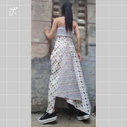Designer Denim Maxi Skirt • Handmade Asymmetric Art Piece • White Base with Colorful Accents • Flowy Ankle-Length • Tailored Fit Available - Handmade clothing from Angel By Silvia - Top Designer Brands 