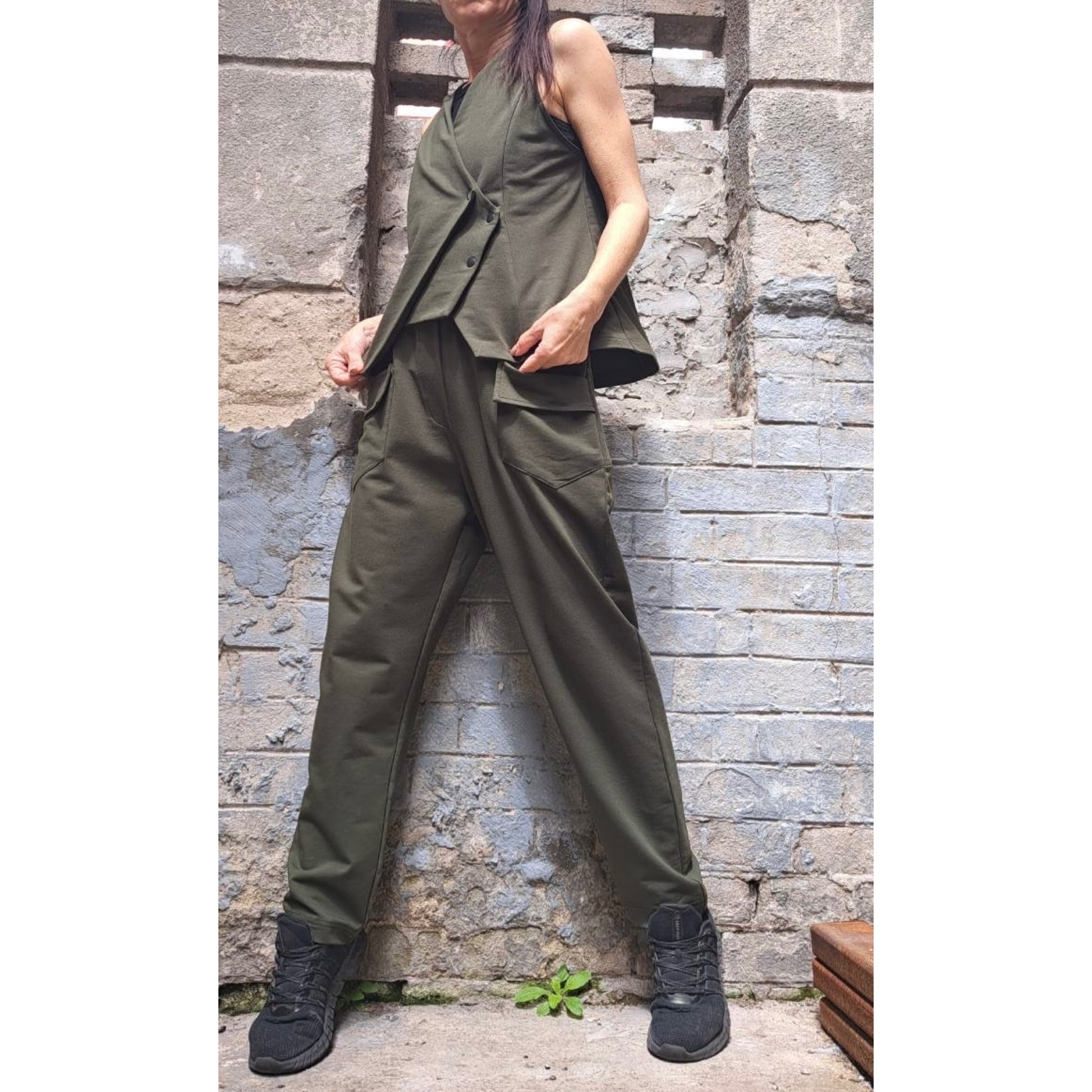 New Collection Extravagant Set / Asymmetric Military Green Outfit / Sleeveless Vest / Avantgarde Pants Vest Set / Streetwear Cotton Outfits - Handmade clothing from Angel By Silvia - Top Designer Brands 