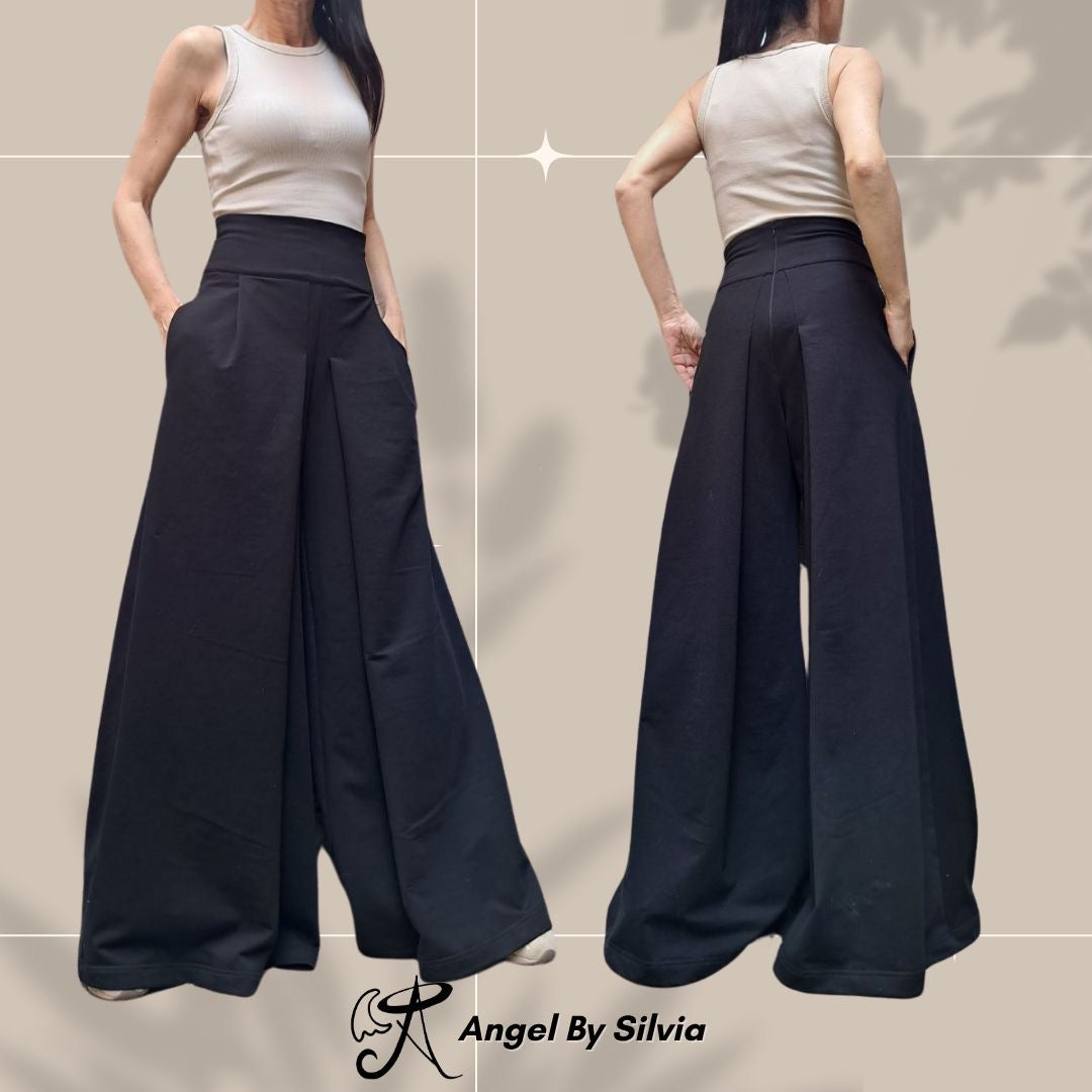 Black High Waist Wide Leg Cotton Pants for Women • Elegant Stretch Cotton Trousers • Relaxed Fit Summer Pants • Handmade Sizes XS-5XL - Handmade clothing from Angel By Silvia - Top Designer Brands 