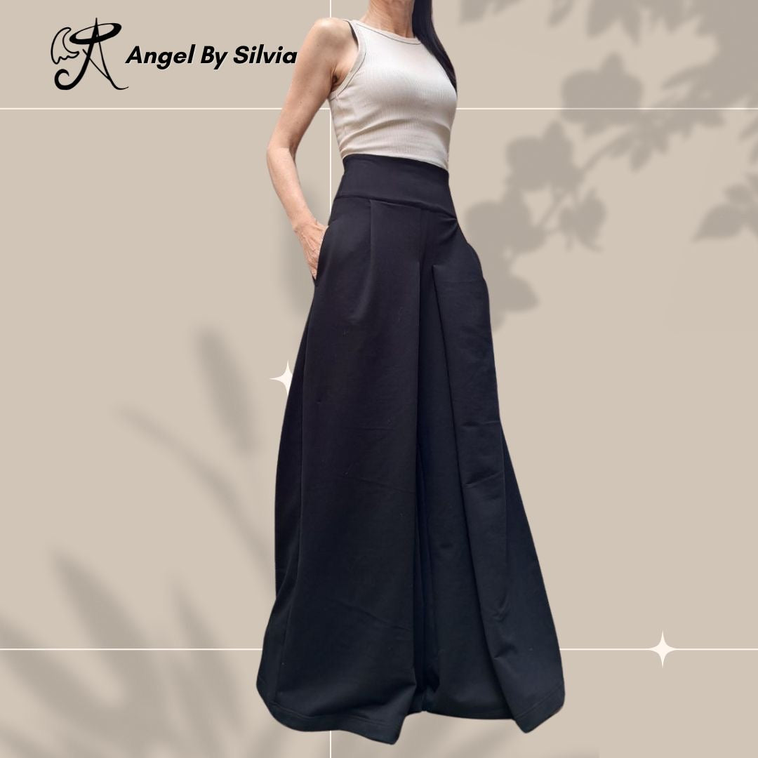 Black High Waist Wide Leg Cotton Pants for Women • Elegant Stretch Cotton Trousers • Relaxed Fit Summer Pants • Handmade Sizes XS-5XL - Handmade clothing from Angel By Silvia - Top Designer Brands 