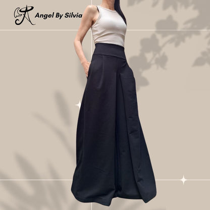 Black High Waist Wide Leg Cotton Pants for Women • Elegant Stretch Cotton Trousers • Relaxed Fit Summer Pants • Handmade Sizes XS-5XL - Handmade clothing from Angel By Silvia - Top Designer Brands 