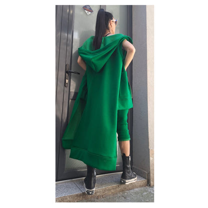 Extravagant Green Outfit / Asymmetric Two Piece Set / Hooded Warm Vest Pants / Outwear Green Set / Streetwear Woman Green Suit Set - Handmade clothing from Angel By Silvia - Top Designer Brands 