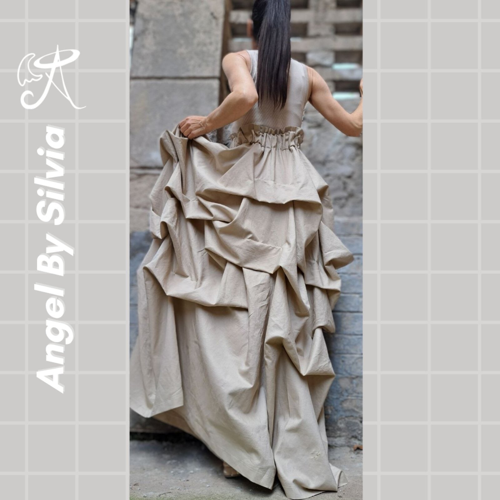 Linen Handmade Beige Maxi Skirt • Floor-Length Layered Boho Skirt • High Waist Flowy Elegant Skirt • Soft Textured Linen Skirt - Handmade clothing from Angel By Silvia - Top Designer Brands 