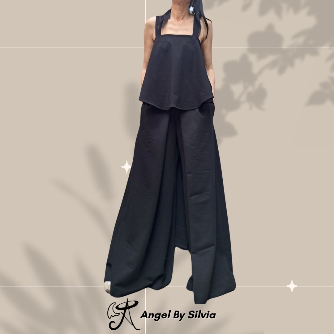 Black Cotton Two Piece Set • High Waist Wide Leg Pants + Asymmetric Open Back Tank Top • Sporty Chic Summer Outfit • Handmade Sizes XS-5XL - Handmade clothing from Angel By Silvia - Top Designer Brands 