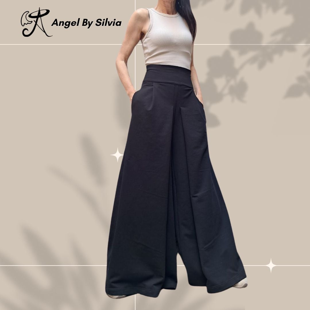 Black High Waist Wide Leg Cotton Pants for Women • Elegant Stretch Cotton Trousers • Relaxed Fit Summer Pants • Handmade Sizes XS-5XL - Handmade clothing from Angel By Silvia - Top Designer Brands 