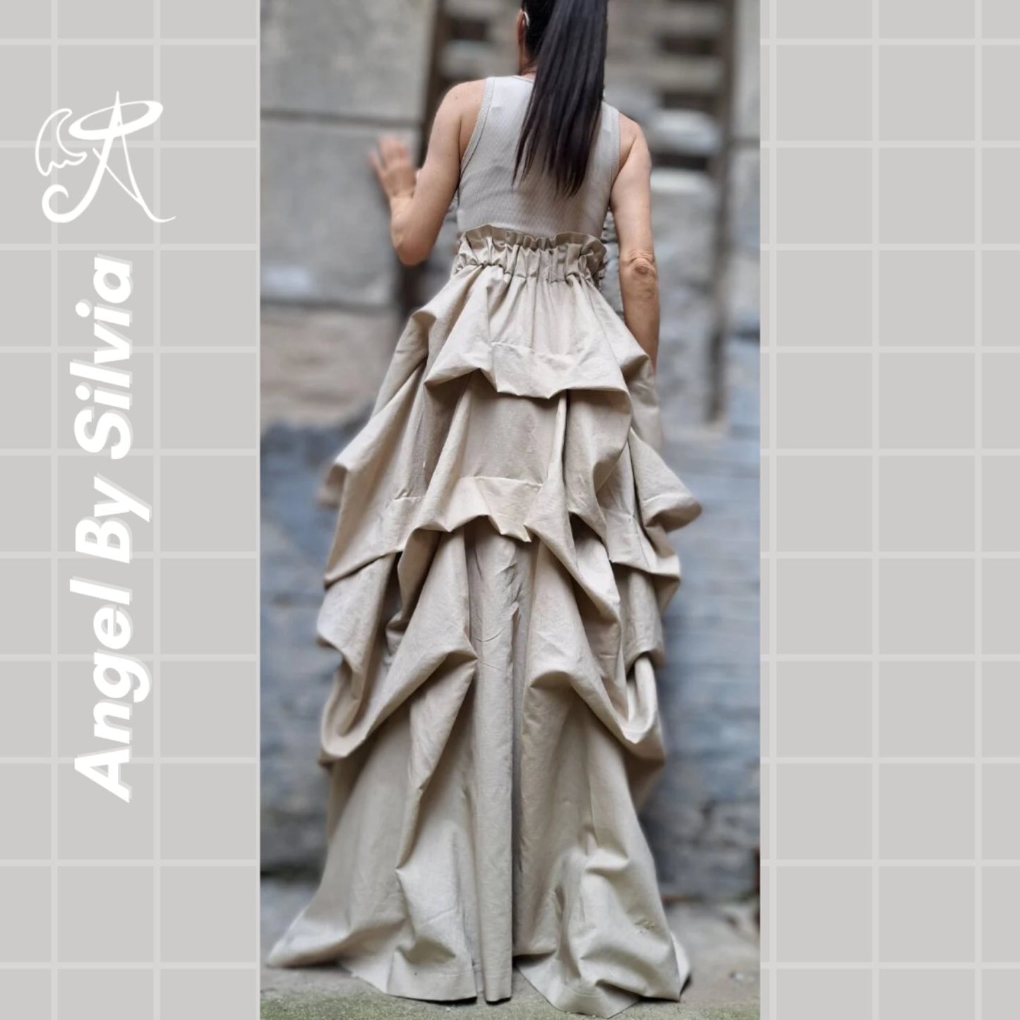 Linen Handmade Beige Maxi Skirt • Floor-Length Layered Boho Skirt • High Waist Flowy Elegant Skirt • Soft Textured Linen Skirt - Handmade clothing from Angel By Silvia - Top Designer Brands 