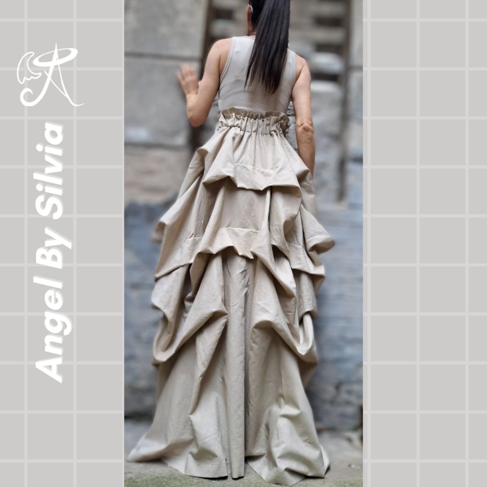 Linen Handmade Beige Maxi Skirt • Floor-Length Layered Boho Skirt • High Waist Flowy Elegant Skirt • Soft Textured Linen Skirt - Handmade clothing from Angel By Silvia - Top Designer Brands 