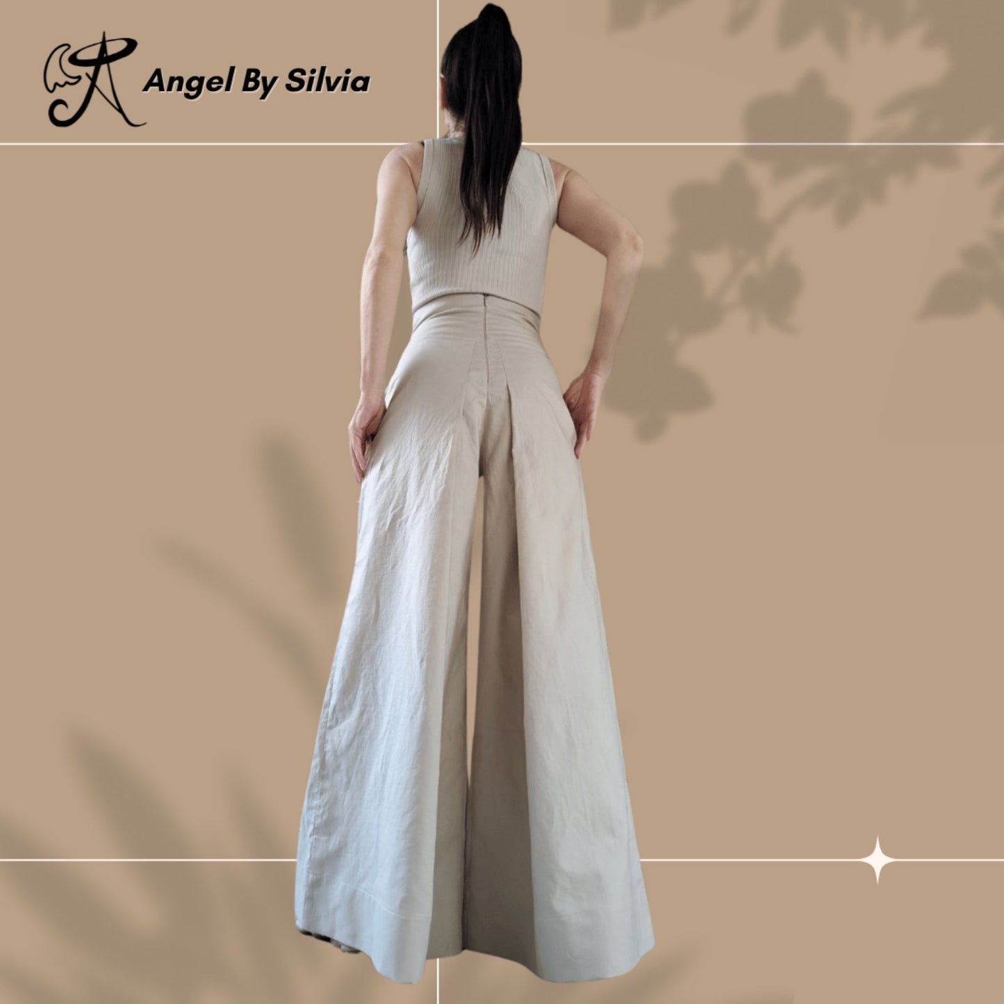 High Waist Linen Pants • Beige Wide Leg Trousers • Relaxed Fit Palazzo Pants • High Waist Boho Pants • Sizes XS-5XL - Handmade clothing from Angel By Silvia - Top Designer Brands 