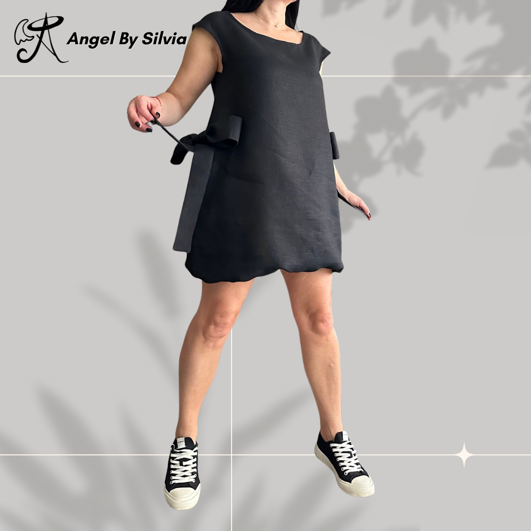 Black Linen Tunic Dress with Bows – Sleeveless Oversized Summer Dress – Handmade Minimalist Linen Clothing by AngelBySilvia - Handmade clothing from Angel By Silvia - Top Designer Brands 