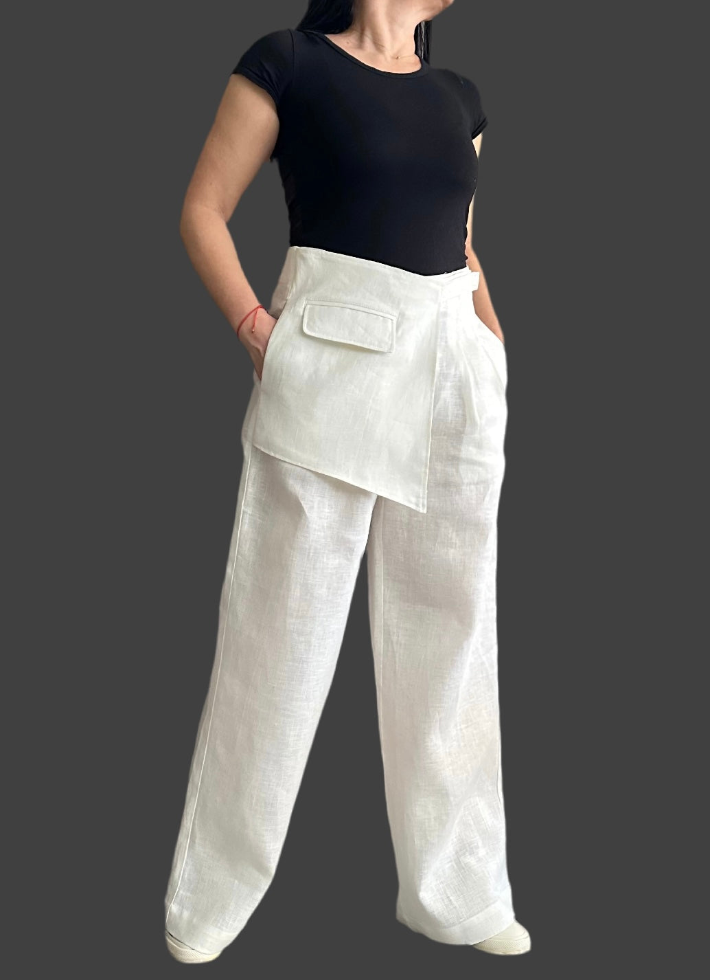 Streetwear Linen Wide Leg Pants / Extravagant Women’s Pants / Summer White Linen Pants / Casual High Waist Pants / Asymmetric Summer Pants - Handmade clothing from Angel By Silvia - Top Designer Brands 