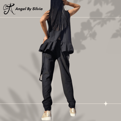 Chic Black Linen Two Piece Set with Flared Wide Top and Casual Loose Fit Pants  • Minimalist Summer Outfit • Stylish Comfy Women’s Ensemble - Handmade clothing from Angel By Silvia - Top Designer Brands 
