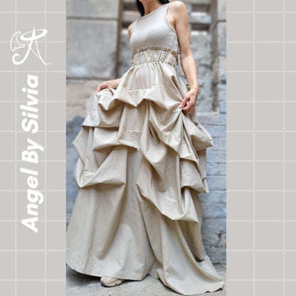 Linen Handmade Beige Maxi Skirt • Floor-Length Layered Boho Skirt • High Waist Flowy Elegant Skirt • Soft Textured Linen Skirt - Handmade clothing from Angel By Silvia - Top Designer Brands 