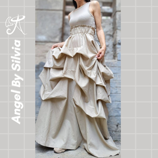 Linen Handmade Beige Maxi Skirt • Floor-Length Layered Boho Skirt • High Waist Flowy Elegant Skirt • Soft Textured Linen Skirt - Handmade clothing from Angel By Silvia - Top Designer Brands 