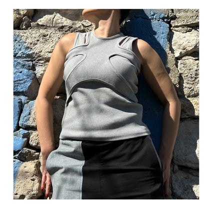 Grey Asymmetric Straps Top / High Front Neckline / Summer Tank Top / Extravagant Sleeveless Woman Blouse / Everyday Casual Cotton Top - Handmade clothing from Angel By Silvia - Top Designer Brands 