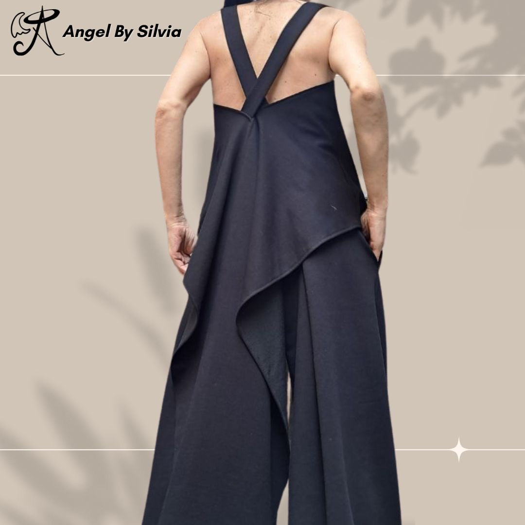 Black Cotton Two Piece Set • High Waist Wide Leg Pants + Asymmetric Open Back Tank Top • Sporty Chic Summer Outfit • Handmade Sizes XS-5XL - Handmade clothing from Angel By Silvia - Top Designer Brands 