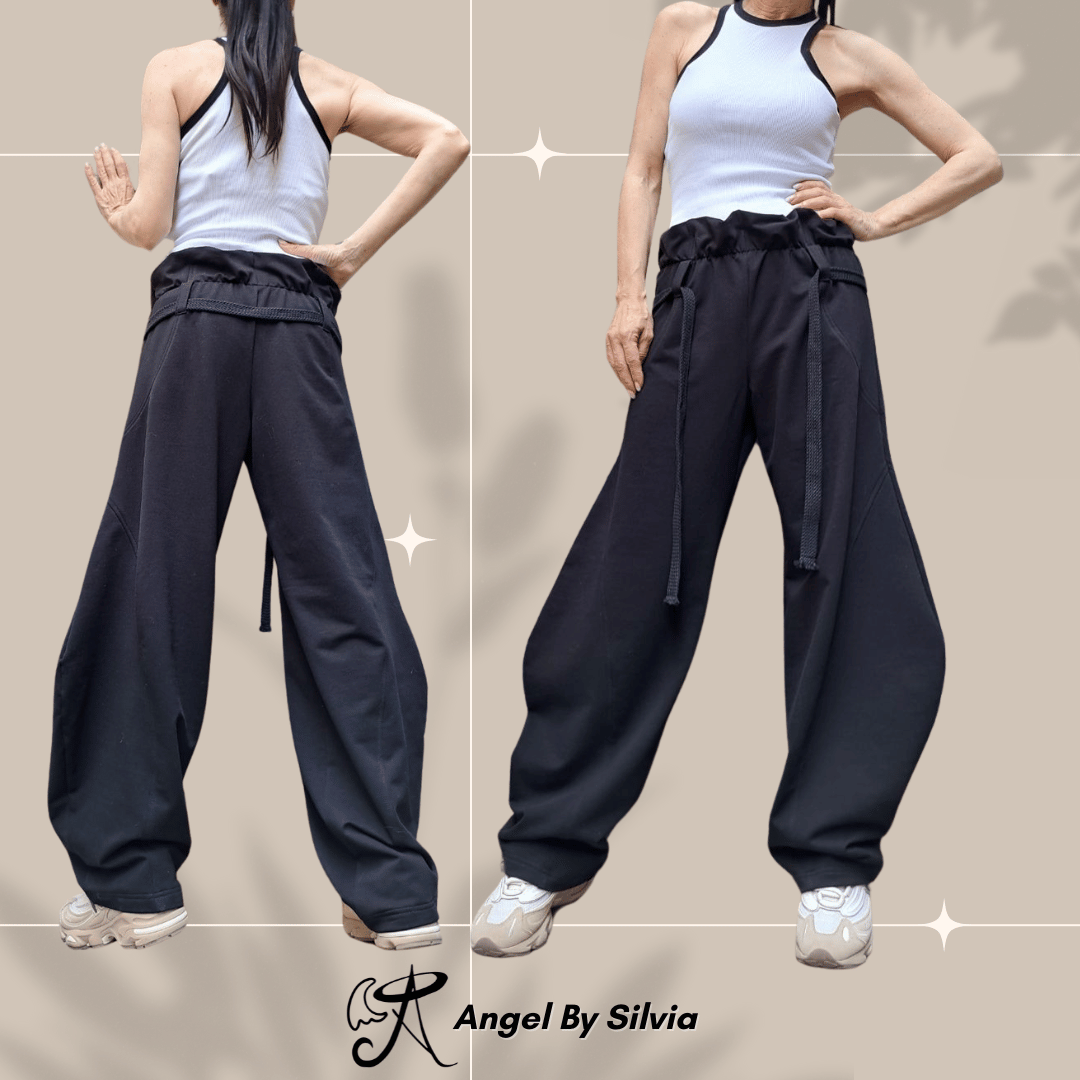 Black Balloon Pants for Women • High Waist Drawstring Loose Fit Cotton Trousers • No Pocket Urban Joggers • Handmade XS to 5XL - Handmade clothing from Angel By Silvia - Top Designer Brands 