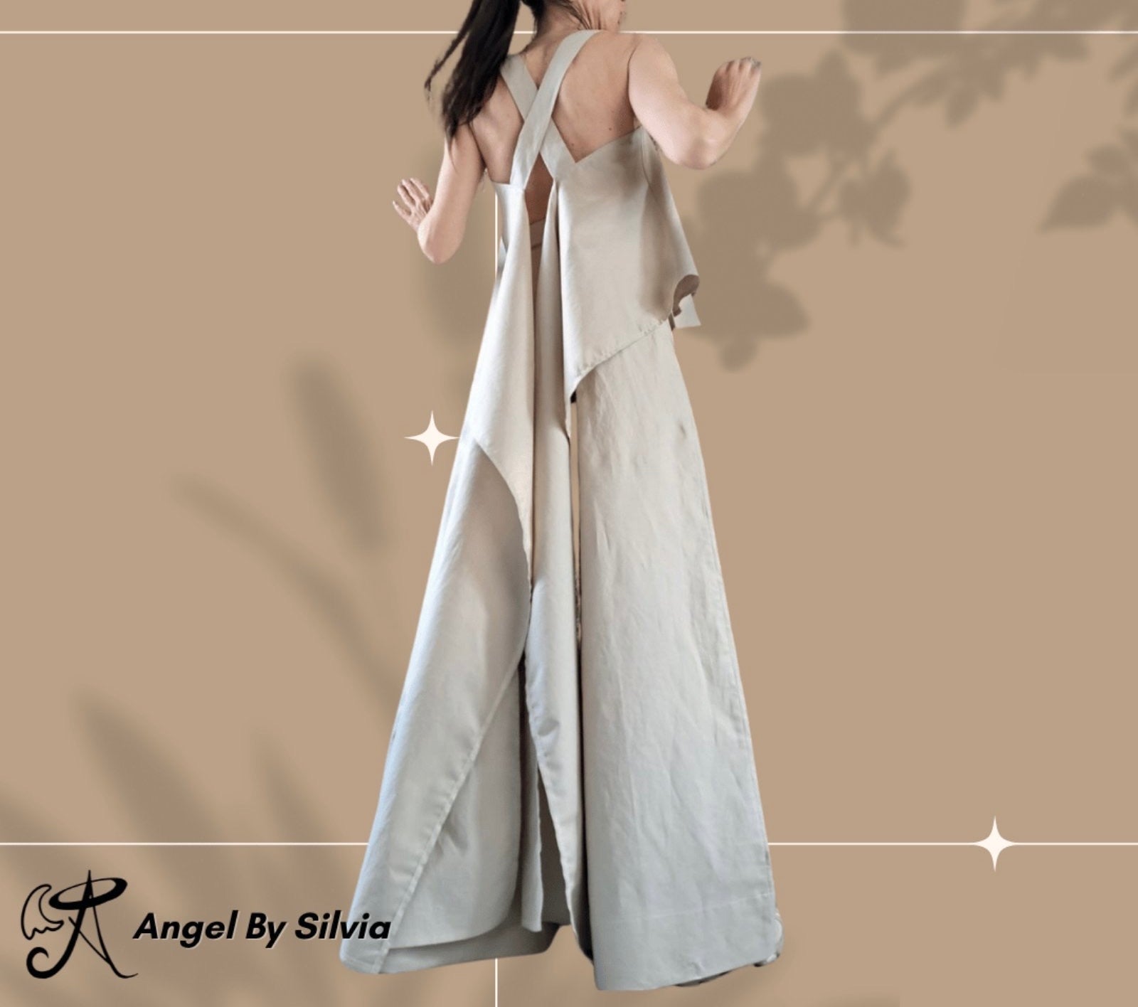 Linen Two-Piece Set • Beige High Waist Wide Leg Pants + Asymmetric Tank Top • Open Back Longline Top • Boho Summer Outfit • Sizes XS-5XL - Handmade clothing from Angel By Silvia - Top Designer Brands 