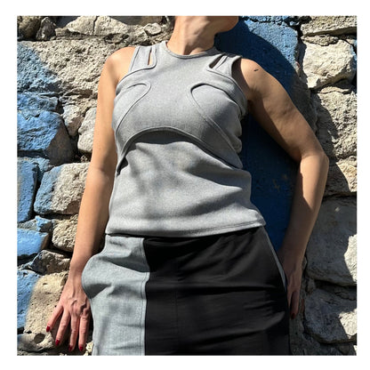 Grey Asymmetric Straps Top , High Front Neckline Top - Handmade clothing from Angel By Silvia - Top Designer Brands 