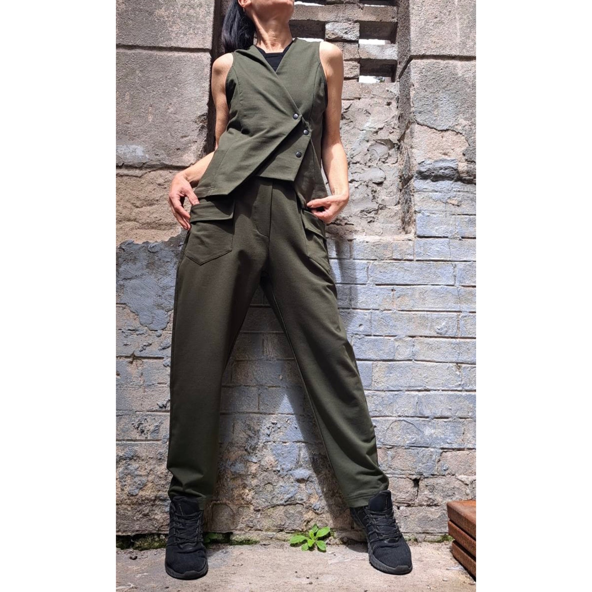 New Collection Extravagant Set / Asymmetric Military Green Outfit / Sleeveless Vest / Avantgarde Pants Vest Set / Streetwear Cotton Outfits - Handmade clothing from Angel By Silvia - Top Designer Brands 