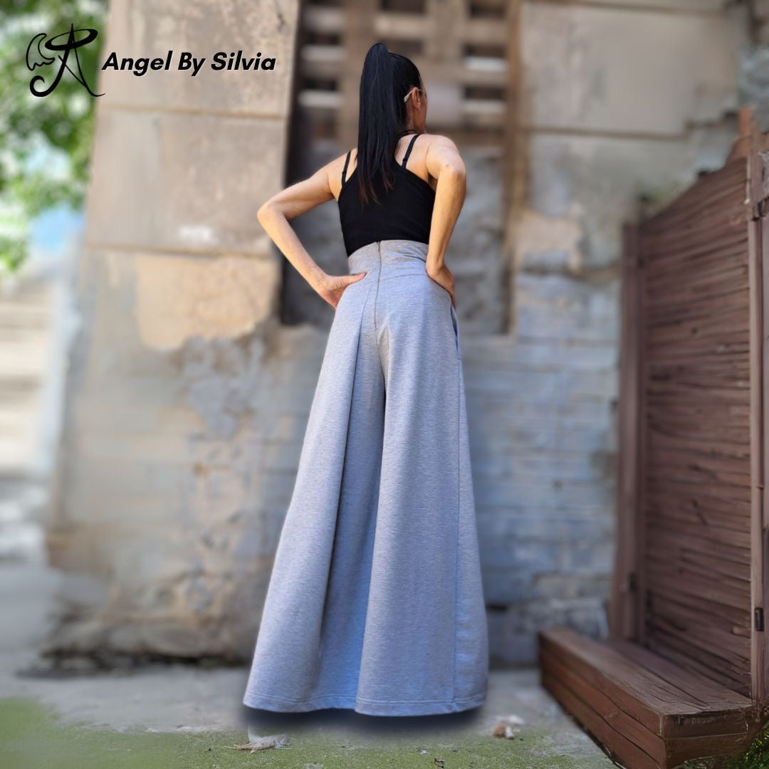 Gray Wide Leg Skirt Pants • High Waist Cotton Elastane Palazzo Pants • Flowy Versatile Bottoms • XS to 5XL - Handmade clothing from Angel By Silvia - Top Designer Brands 