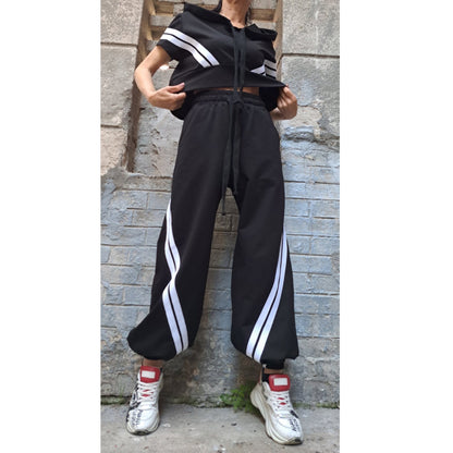 New Collection Loose Extravagant Pants Top Set / Casual Cotton Outwear Woman Outfit / Daywear Black White Tracksuit /  High Waist Pants - Handmade clothing from Angel By Silvia - Top Designer Brands 