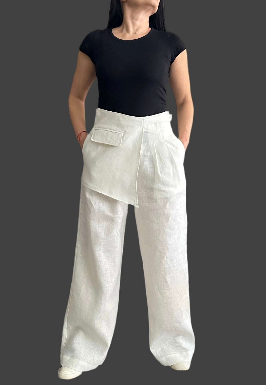 Streetwear Linen Wide Leg Pants / Extravagant Women’s Pants / Summer White Linen Pants / Casual High Waist Pants / Asymmetric Summer Pants - Handmade clothing from Angel By Silvia - Top Designer Brands 