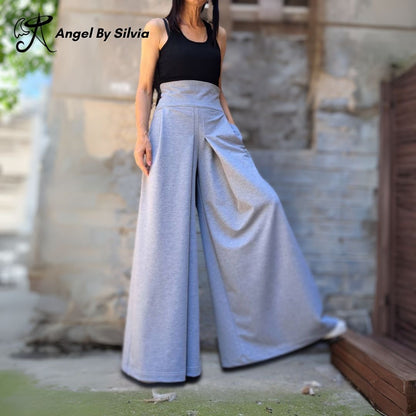Gray Wide Leg Skirt Pants • High Waist Cotton Elastane Palazzo Pants • Flowy Versatile Bottoms • XS to 5XL - Handmade clothing from Angel By Silvia - Top Designer Brands 